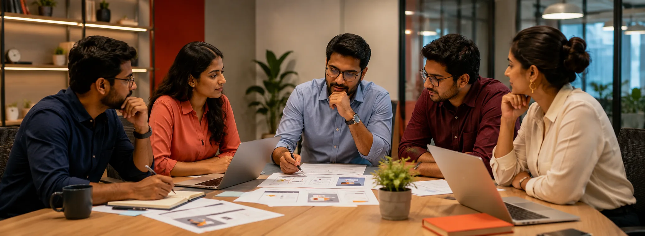 Learning and development leaders reviewing custom eLearning partner options in a modern office